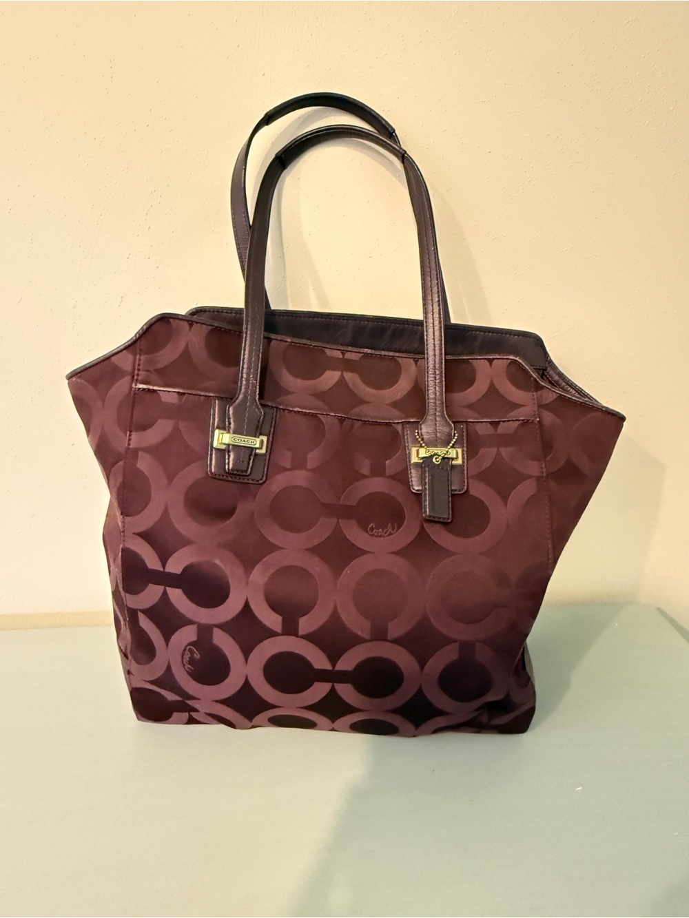 Coach Burgundy Signature Jacquard Tote with Leather Trim